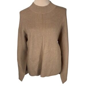 Cache Ribbed Knit Mock Neck Sweater Button Sleeve Pullover Caramel Large Chic